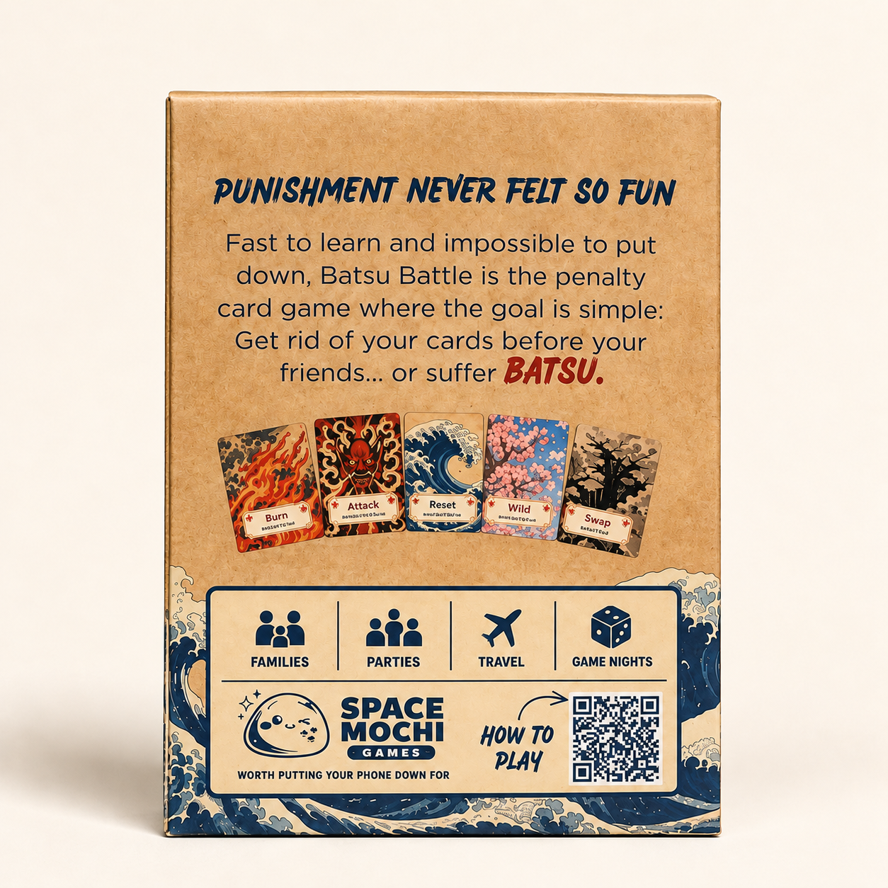 Back of the Batsu Battle box showing the game description, action cards and how-to-play QR code
