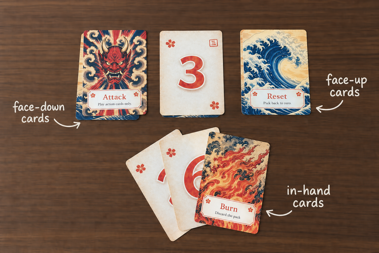 Batsu Battle setup showing three face-down cards, three face-up cards and three in-hand cards