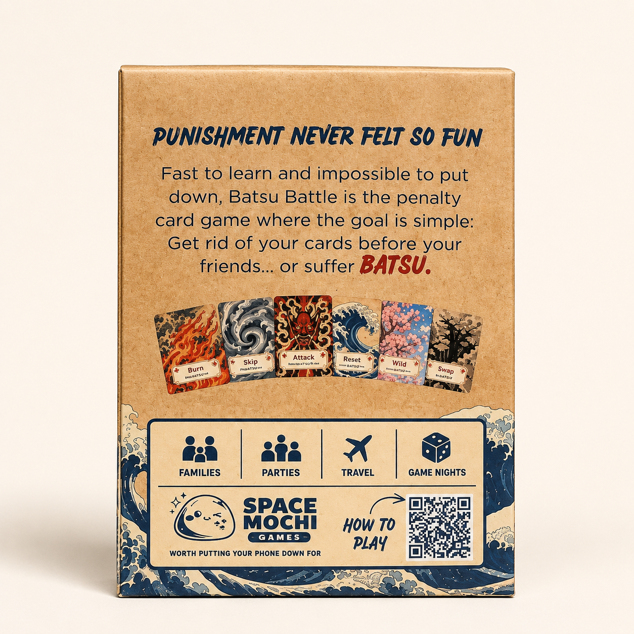 Back of Batsu Battle box showing rules, age range and play time