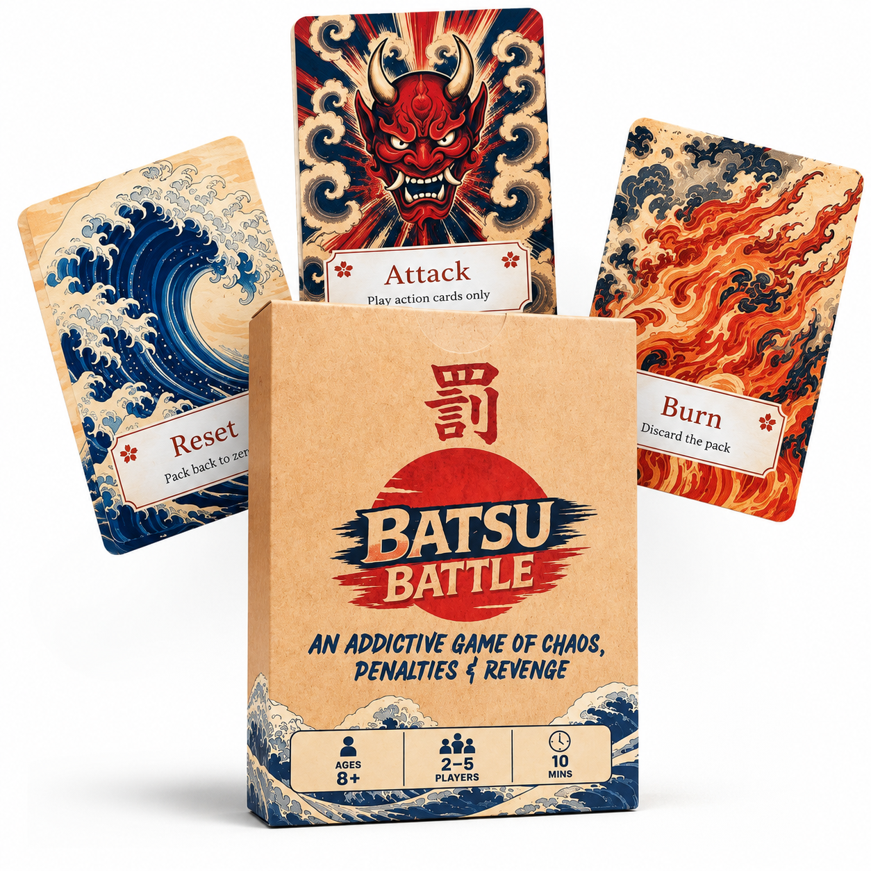 Batsu Battle family card game box and colourful action cards