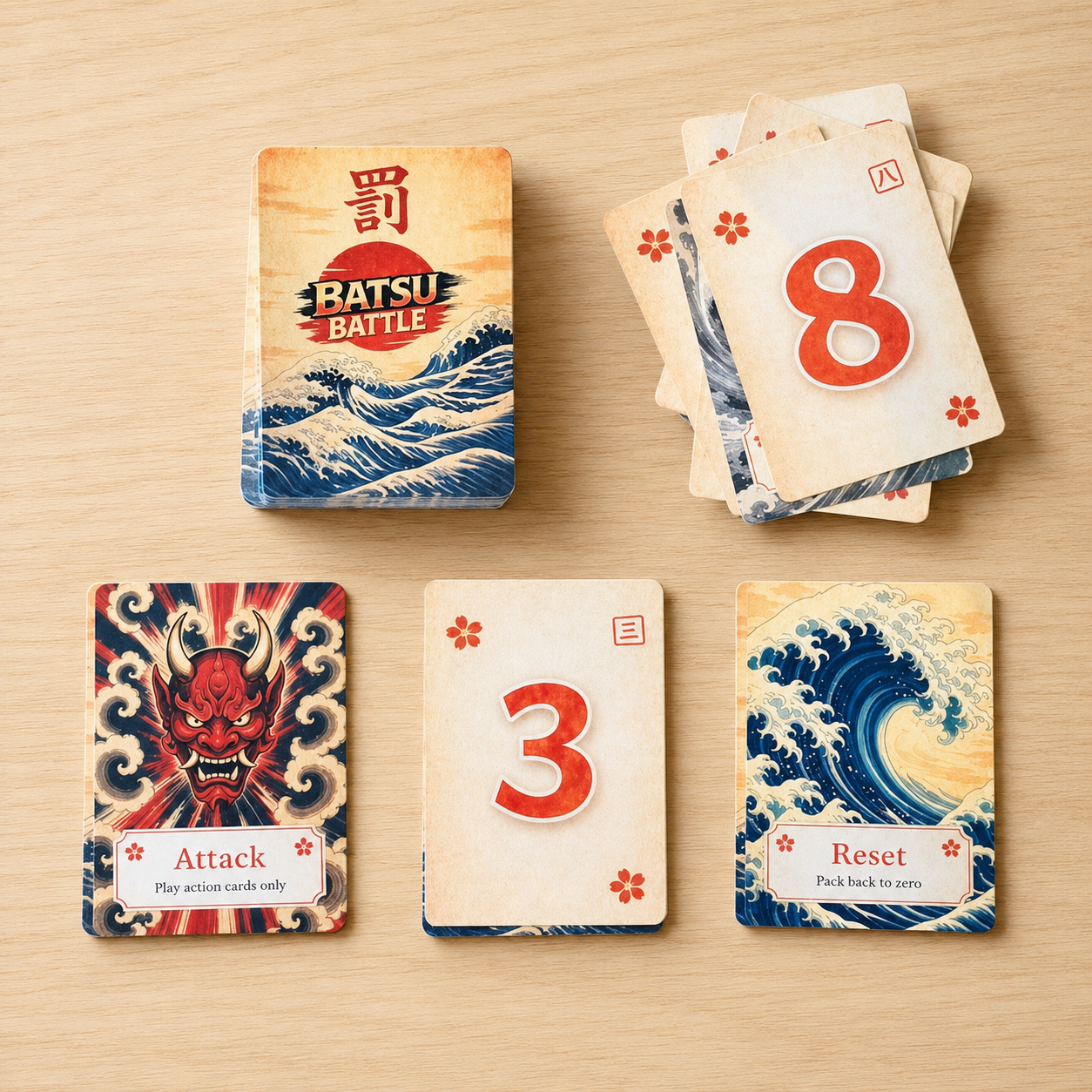Batsu Battle cards showing Attack and Reset  action cards